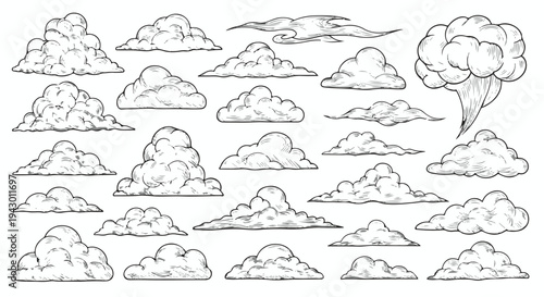 Schilderij op canvas Set of 25 Hand-Drawn Sketch Clouds Vector Illustration