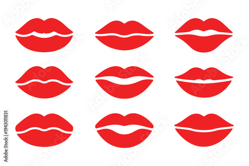 Nine red lips illustrations showing subtle variations in shape and form conveying elegance sensuality and beauty in graphic design