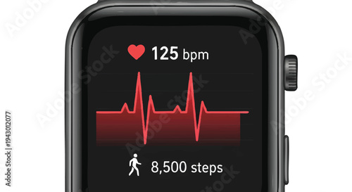 Smartwatch screen displaying heart rate and step count