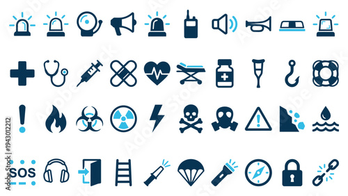 Essential Emergency, Safety, and Medical Outline Icons - Blue and White Vector Graphics for Rescue and Warning Situations