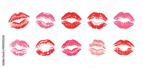 Realistic lipstick kiss marks collection with textured print details in pink and red shades for romantic cards