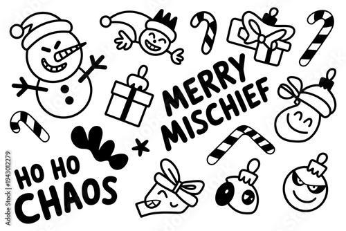 A Christmas illustration of merry mischief with cartoon characters and candies
