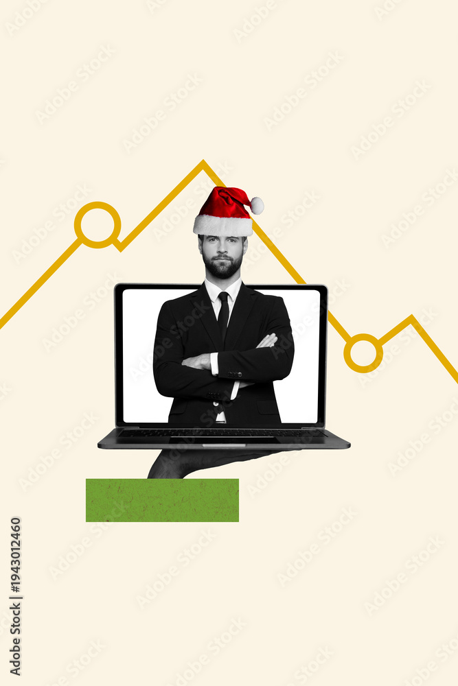 Obraz premium Template poster trend artwork 3D photo collage of hand hold laptop young businessman santa hat xmas new year season tradition trader