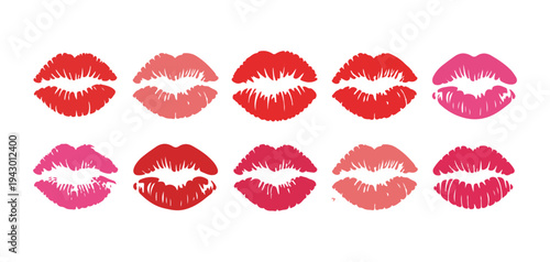 Detailed lip prints vector set featuring various lipstick shades and vertical skin textures for beauty designs