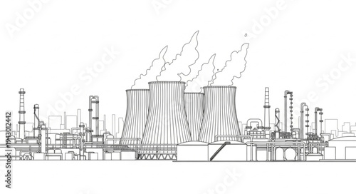 Industrial Factory with Smokestacks and Pipes.