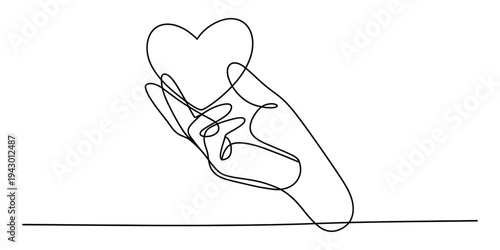 Minimalist Continuous Line Drawing of a Hand Holding a Heart