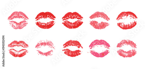 Set of ten pink and red lip imprints isolated on white background depicting passion and love concept