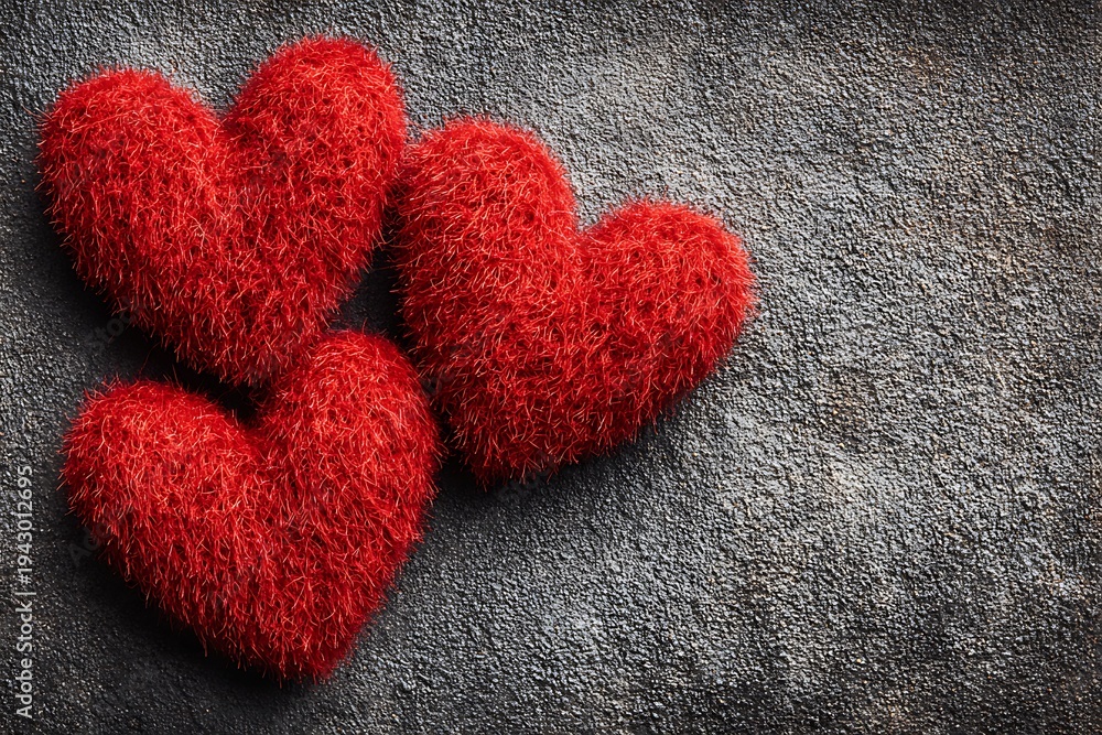 Fototapeta premium Three red fuzzy heart shapes together.