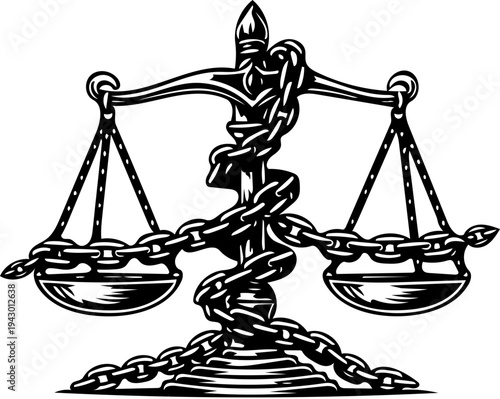 Symbolic illustration of justice scales entangled in heavy chains, representing struggle, imbalance, and the complex challenges to fairness and legal equity