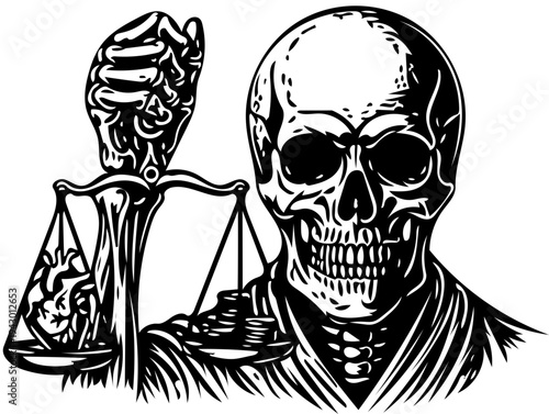 Symbolic illustration of a skeletal figure holding justice scales, balancing a human heart against money, representing life's ultimate judgment and moral choices