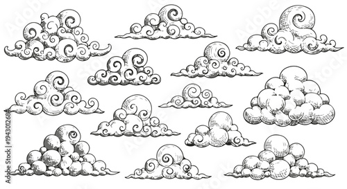Set of 14 Hand Drawn Sketch Clouds Vector