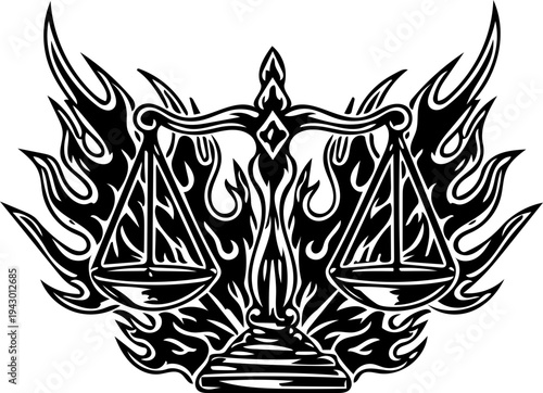Striking monochrome graphic of a justice scale adorned with abstract flames and decorative swirls, perfect for themes of fairness and power