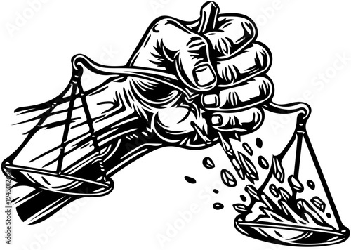 A powerful clenched fist symbolically crushes the scales of justice, representing the destruction of fairness, legal breakdown, and systemic corruption