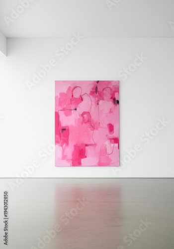 Vibrant abstract expressionist artwork dominates a minimalist interior space with reflective flooring
