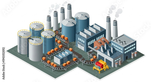 Industrial Factory with Smokestacks and Tanks.