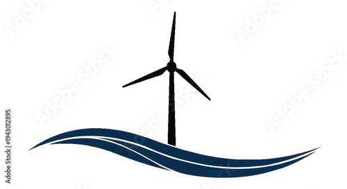 Wind turbine renewable energy symbol with wavy blue lines