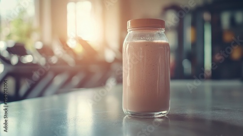 Refreshing protein shake in a clear glass jar sits ready for consumption after intense workout motion footage