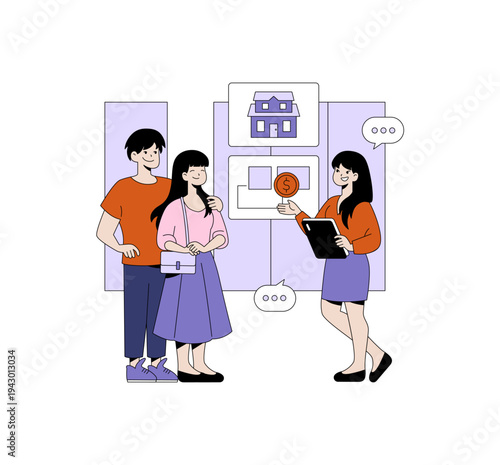 Real Estate Agent Showing House to Couple Vector Illustration