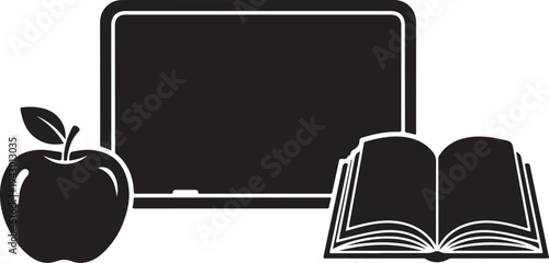 Education icons including apple, book, and blackboard illustration