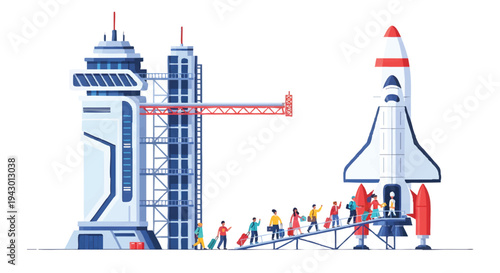 Space station with people walking towards a rocket for launch