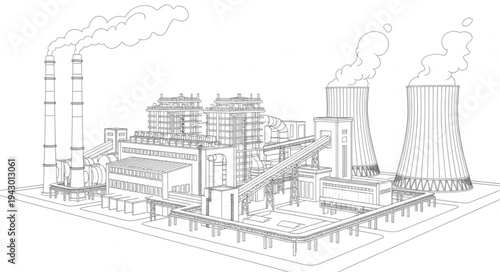 Industrial Factory with Smokestacks and Towers.