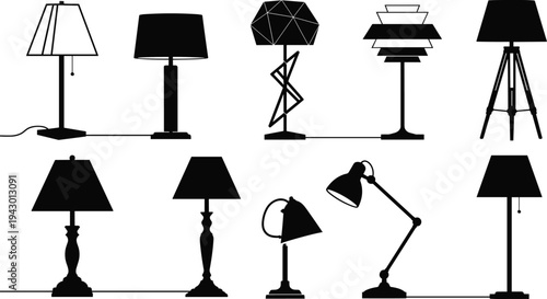 Modern table and floor lamp silhouette set, home lighting furniture collection with decorative interior light fixtures, flat vector illustration