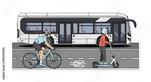 Cyclist and scooter rider on road with bus, urban commute scene