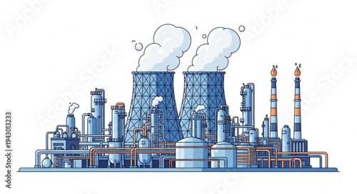 Industrial Factory with Smokestacks and Towers.