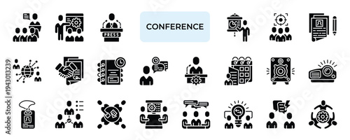 Conference Icon set Collection in Solid Glyph Style. seminar, workshop, presentation, audience, registration