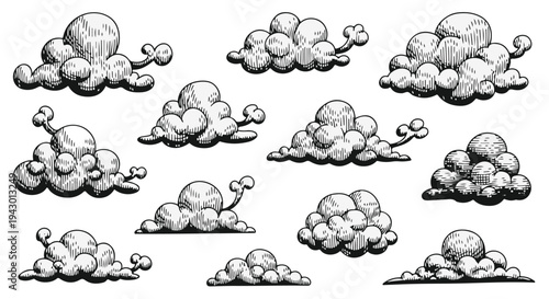 Set of 12 Hand-Drawn Engraved Cloud Vector Illustrations