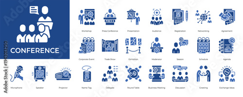 Conference Icon set Collection in Glyph Two Color Style. seminar, workshop, presentation, audience, registration
