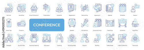 Conference Icon set Collection in Line Two Color Style. seminar, workshop, presentation, audience, registration
