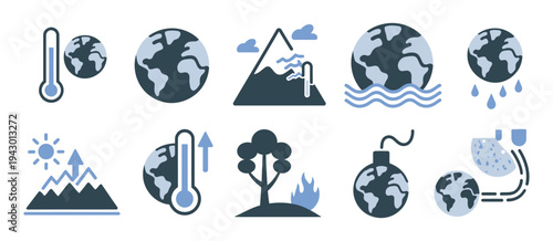 Climate Change Icons Showing Global Warming, Rising Temperatures, Melting Ice, Extreme Weather
