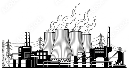 Industrial Factory with Smokestacks and Towers.