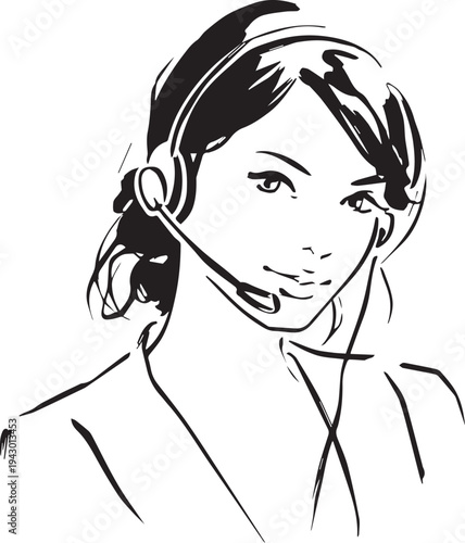 Hand Drawn Female Customer Service Agent Black and White Avatar Illustration in Minimal Line Art Style Design