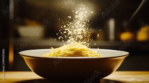 Culinary motion footage captures grated parmesan cheese showering down onto a mound of perfectly cooked spaghetti in a ceramic bowl