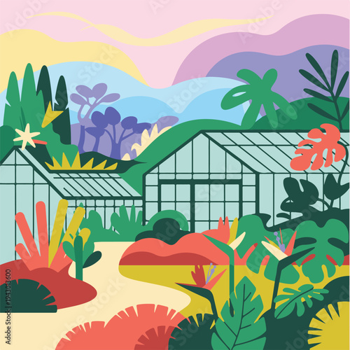 Modern greenhouse landscape with tropical plants and botanical gardens during sunset