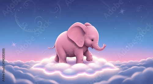 Adorable baby pachyderm stands upon soft cumulus formation against twilight sky