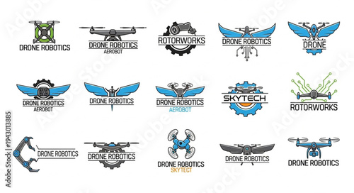 Collection of drone technology logos and emblems.