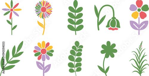Colorful flat flower and leaf botanical icon set with simple floral plant elements for spring garden design