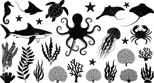Marine life silhouettes collection, ocean animals coral reef sea creatures including octopus shark jellyfish turtle crab seaweed set, flat vector illustration