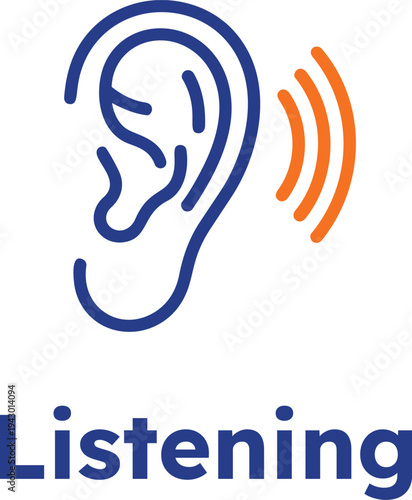 Listening concept with ear icon and sound waves on transparent background