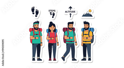 hikers with backpacks and travel icons on white background