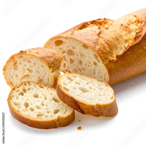 Fresh baked baguette sliced on white background healthy bread food closeup