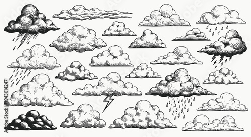 Vintage Hand Drawn Clouds Sketch Collection with Rain and Lightning Isolated for Design isolated PNG with Transparent Background