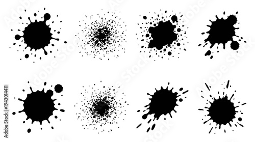 A collection of eight distinct black ink splatters and paint splashes with varying textures and shapes on a clean white background, ideal for graphic design elements.
