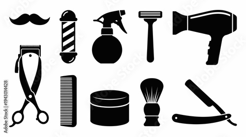 A comprehensive collection of black silhouette icons representing various barber and grooming tools, isolated on a white background.