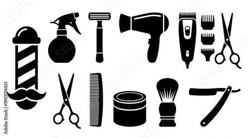 Collection of black silhouette barber and hairdressing tools and equipment on a white background, including razors, clippers, scissors, and a barber pole.