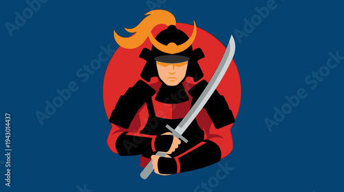 Vector illustration of a samurai warrior in black and red armor holding a katana sword against a red circle on a blue background.