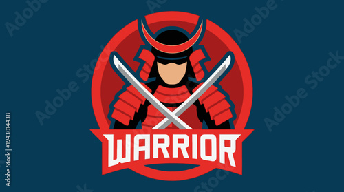Stylized warrior emblem featuring a figure with crossed swords and a horned helmet, set within a red circle with 'WARRIOR' text in a banner below, on a dark blue background.